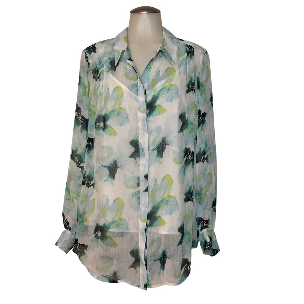 INC Floral Button Up Shirt Womens XL Teal White Sheer Blouse w/ camisole EUC